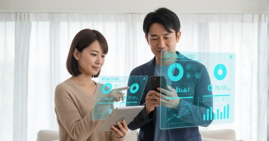 男女が室内でタブレットとスマートフォンを使い、浮かび上がるホログラムデータを見つめている。婚活偏差値や市場価値の数値を確認しているシーン。