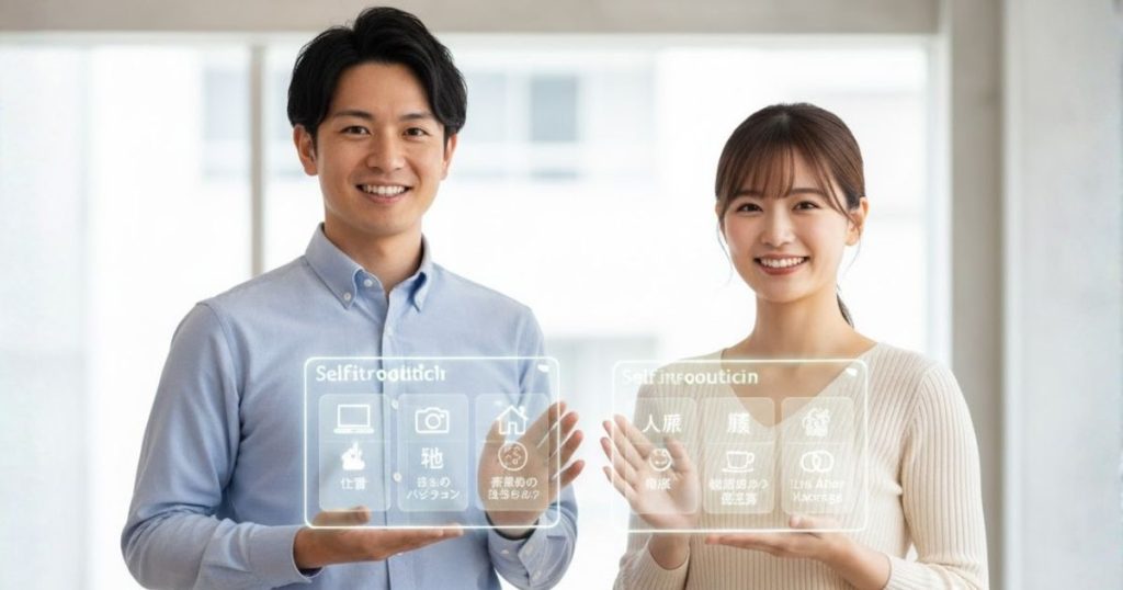 【代替テキスト】
明るい室内で男女が並んで立ち、自己紹介の内容を示すホログラムパネルを手前に掲げて微笑んでいる。好印象な自己紹介文のポイントを視覚的に伝えるH3用イメージ画像。