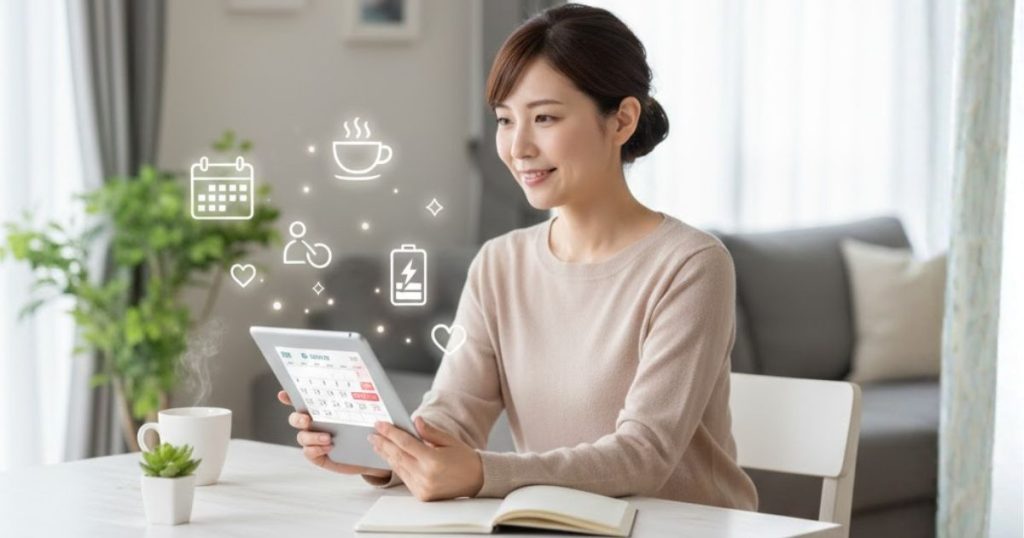 明るい部屋で女性がテーブルに座り、タブレットのカレンダーを見ながら笑顔でスケジュールを確認している。周囲にカフェや予定表、休息を示すアイコンが浮かび、婚活の頻度を考える様子が表現されている。