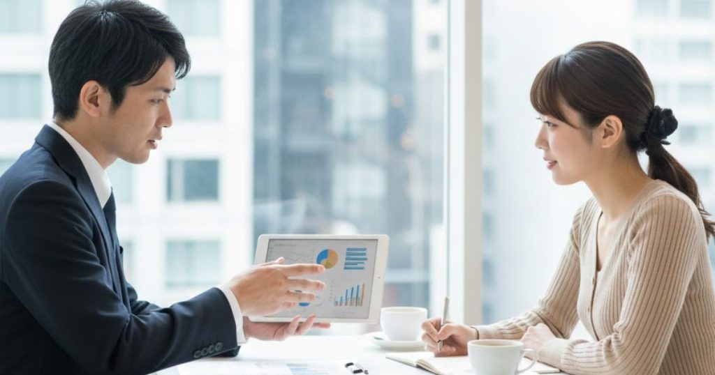 スーツ姿の男性がタブレットを見せながら女性に説明している場面。二人がデータを基に婚活市場価値を話し合っている様子を描いている。