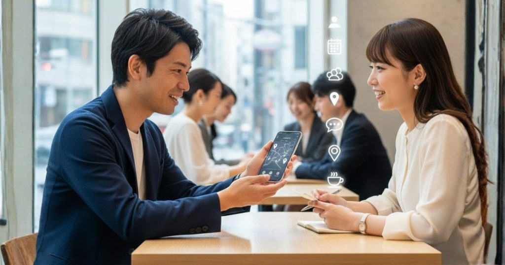 カフェで男女が向かい合い、笑顔でスマートフォンを見ながら会話している。周囲には他のペアもいて、婚活やマッチングの場で出会いを楽しむ雰囲気が伝わる。