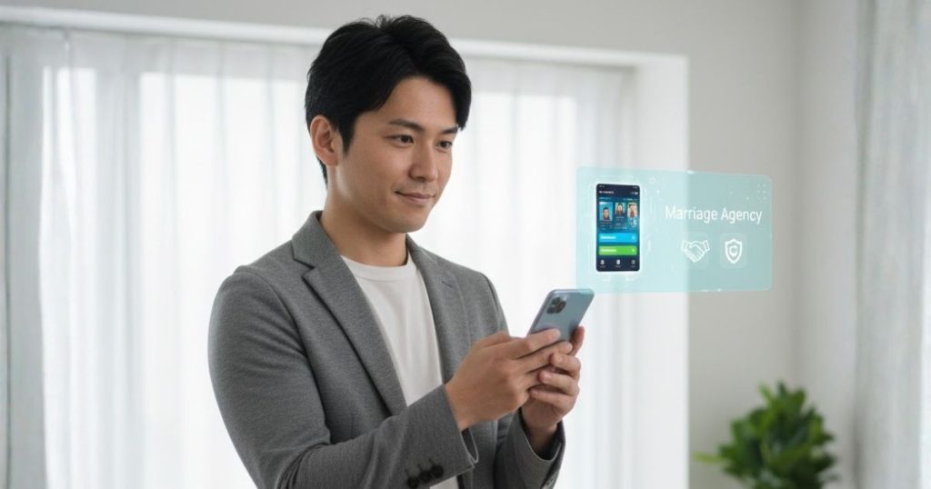 室内で男性がスマートフォンを操作し、前方に「Marriage Agency」と書かれたホログラム画面が浮かんでいる。マッチングアプリと結婚相談所を比較しながら使い分けを検討している様子を表現。