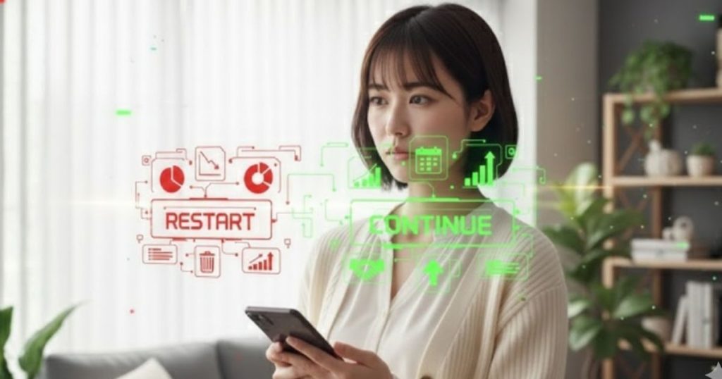 室内でスマホを持つ女性の前に赤いRESTARTと緑のCONTINUE風のホログラムが浮かび、婚活を続けるか見直す様子をイメージしたプライバシー意識の高いシーン。