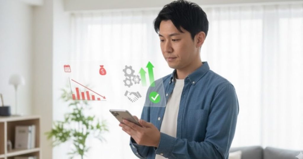 室内で男性がスマートフォンを見つめ、前方にグラフや歯車、チェックマークなどのホログラムが浮かんでいる。年収や年齢に関する不安を分析し、前向きに改善策を考える姿を表している。