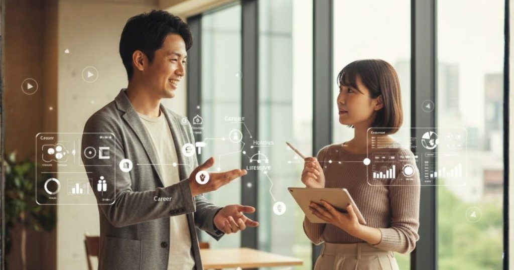 明るいオフィスで男女が向かい合い、タブレットを手にグラフやデータを見ながら会話している。年収と年齢のバランスを婚活市場の平均ラインとして確認しているシーン。
