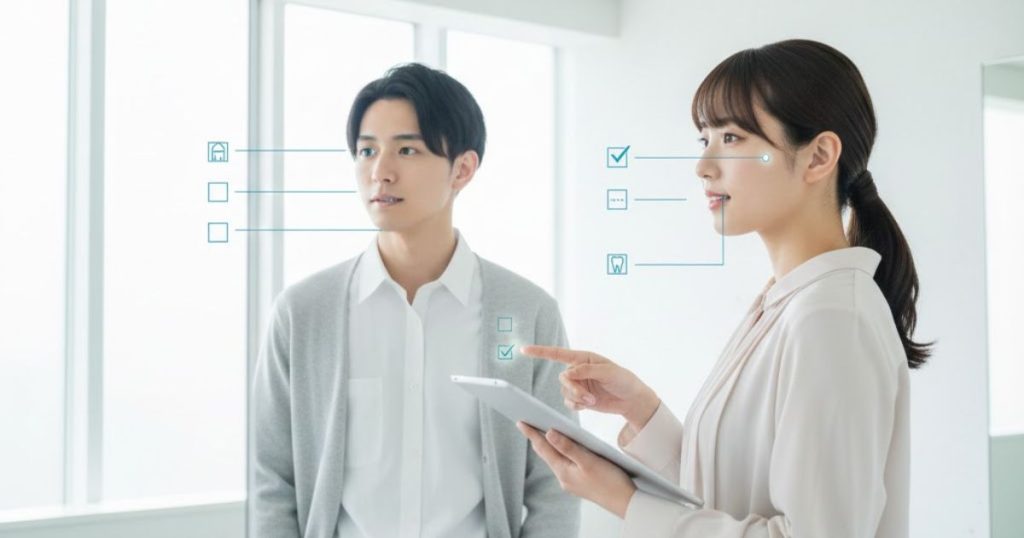 【代替テキスト】
明るい室内で男性が前を向き、隣の女性がタブレットを持ってチェック項目を指さしている。二人の周囲に清潔感に関するチェックボックスのアイコンが浮かび、身だしなみを確認している様子が伝わる。
