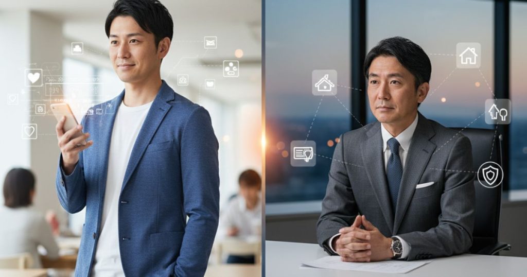 30代と40代男性の婚活戦略を比較するグラフとポイント解説図