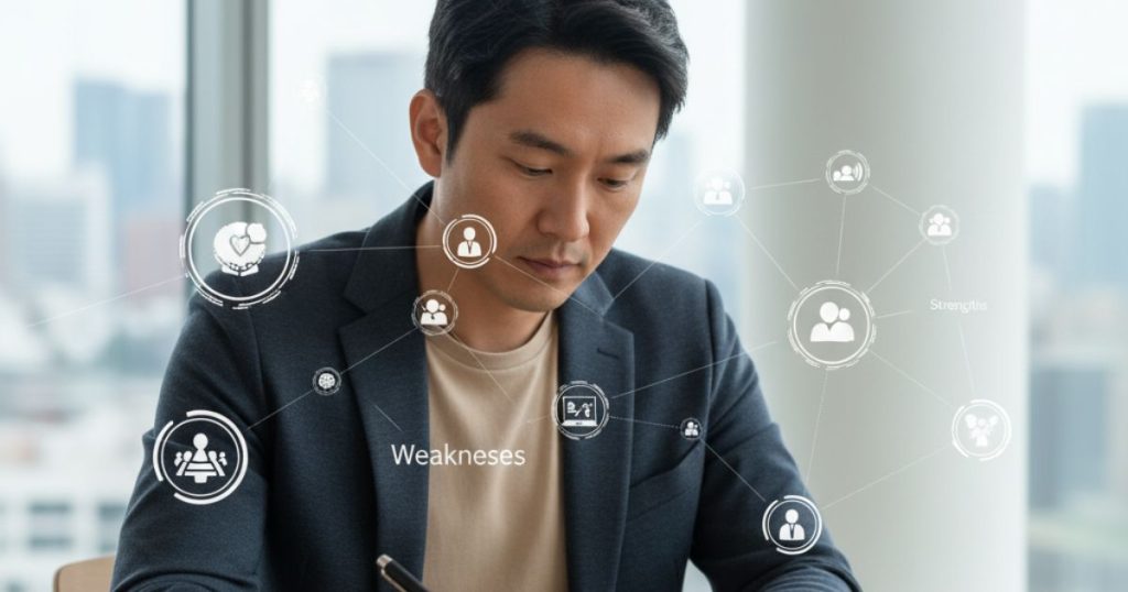 婚活において自分の市場価値を冷静に分析し、強みと課題を客観的に把握しようとする男性のイメージ写真