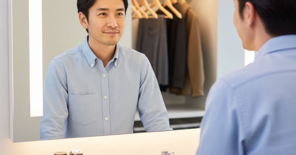 婚活に向けて清潔感や第一印象を高めるために、身だしなみを整える男性のイメージ写真