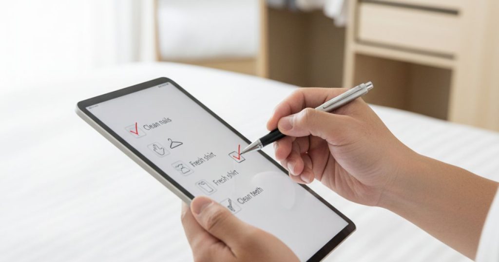 婚活において清潔感を高めるためのチェックリストを活用し、身だしなみや生活習慣を整える男性のイメージ写真