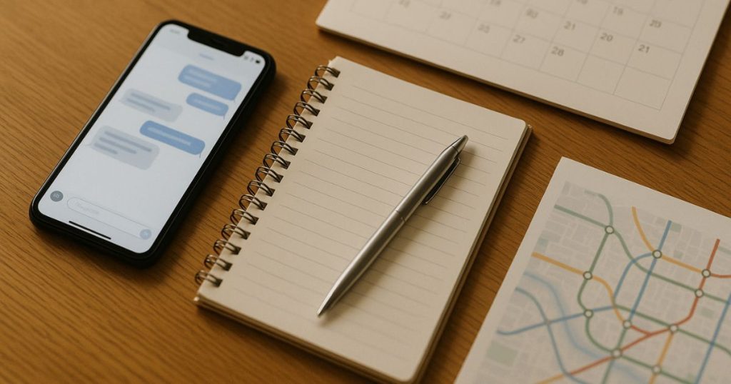 ノートとペン、地図、スマホのメッセージ画面を並べた準備カット。話題づくりとNG回避のチェックを可視化し、計画性を伝える。
