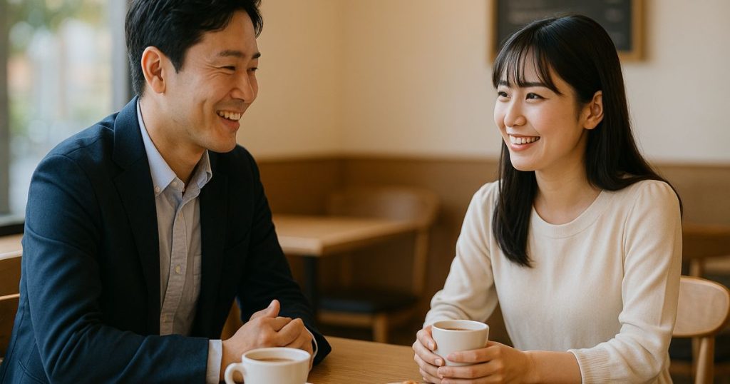 カフェのテーブルで20代男女が笑顔で会話する様子。自然光と落ち着いたトーンで、緊張を和らげる穏やかなコミュニケーションを描く。

