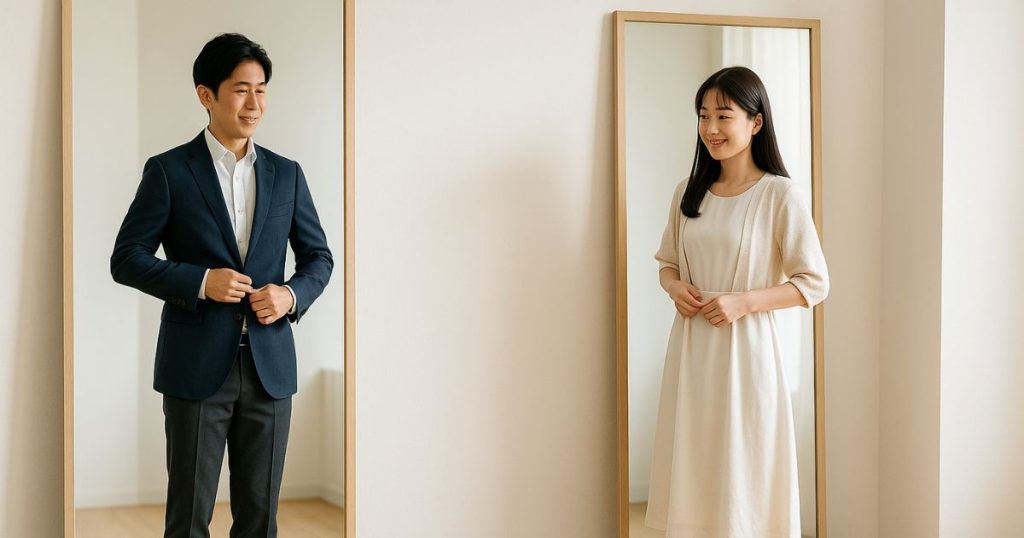 鏡前で清潔感のある装いを整える男女。ロゴ控えめの中立色と適正サイズで、初デートにふさわしい服装の基準を具体的に示す。
