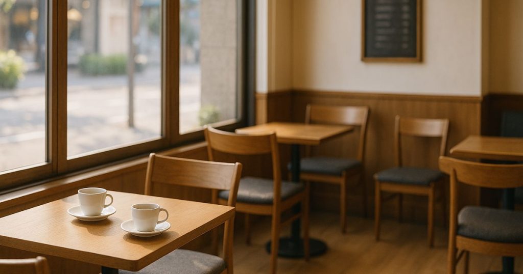 昼の自然光が差し込む静かなカフェ内観。空席のテーブルと温かい色調で、会話しやすく安心できる初デート向きの雰囲気を伝える。
