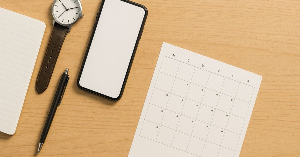 地図・腕時計・スマホ・カレンダーを並べたフラットレイで初デートの計画と段取りの全体像を表現。明るい木目と白の配色で要点が一目で伝わる。