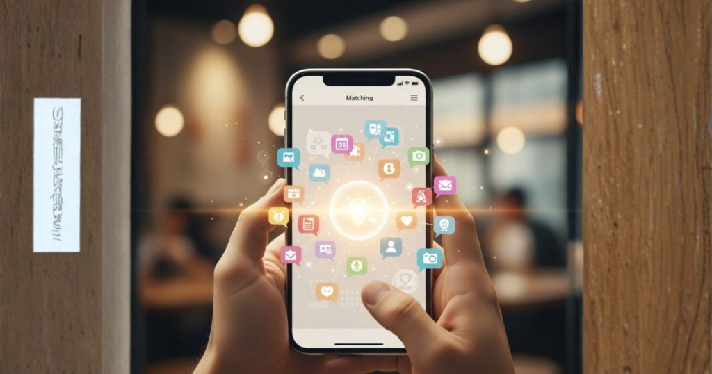カフェのボケ背景でスマホを両手で持ち、画面の周囲にメッセージやハートなどのアイコンが浮かぶ。マッチングアプリの会話の要点を総括する場面