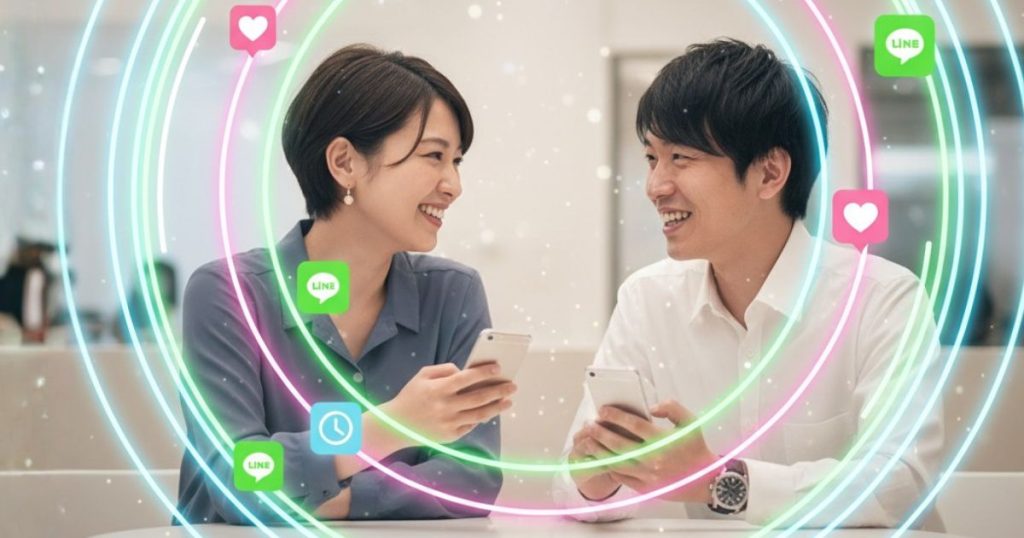 向かい合う男女が笑顔でスマホを持ち、周囲にメッセージやハートの光るアイコンが浮かぶ。マッチングアプリの会話が続く秘訣（例文・頻度・LINE交換）を象徴するアイキャッチ