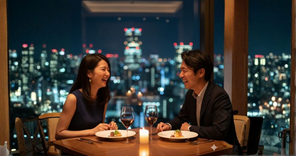 夜景の見えるレストランで向かい合い談笑する男女のテーブルシーン