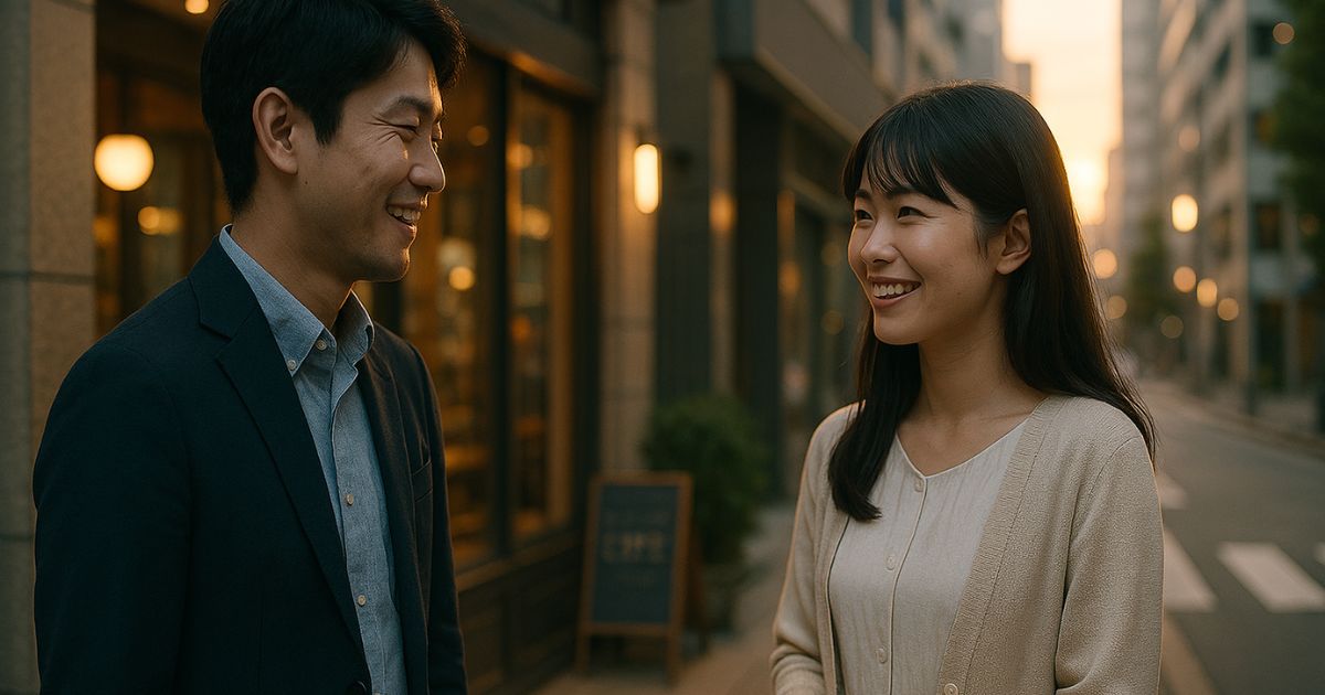 マッチングアプリで出会った20代男女が、初デートの帰り道に笑顔で会話する様子。夕暮れの街並みと自然光で、安心感と好印象を伝える。