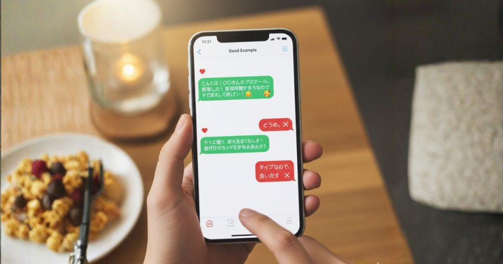 木目テーブルに置かれたスマホのチャット画面に、丁寧な初メッセージが表示された様子。マッチングアプリの会話の出だしを示すイメージ
