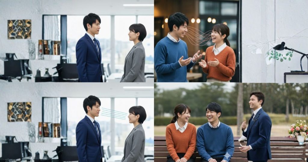 カフェでスマホのプロフィール画面を見る女性の横に色分けされた吹き出しアイコンが並び、丁寧語とカジュアル語の切り替えを表現