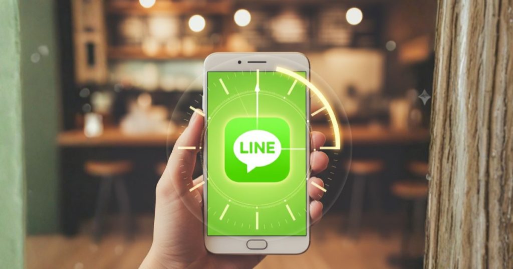 カフェの手元にあるスマホ画面にLINEロゴが表示され、連絡先交換の場面を示す