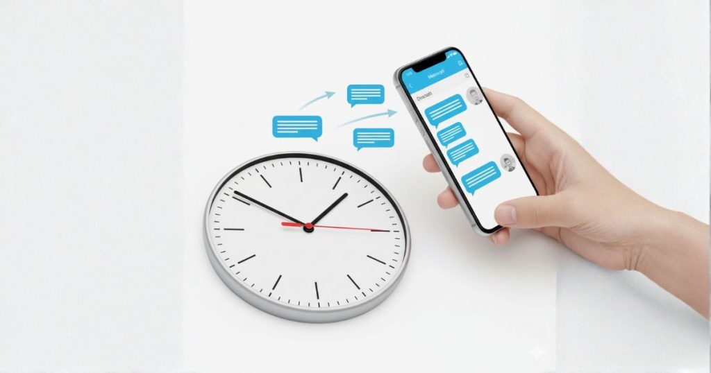 白い背景に置かれた時計とスマホのメッセージ吹き出しが並び、送信の頻度と時間帯の最適化を示す