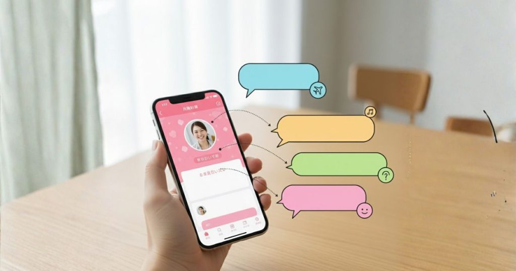 スマホのプロフィール画面と吹き出しが並び、共通点から話題を広げる流れを示す。マッチングアプリの会話の発展を表すイメージ