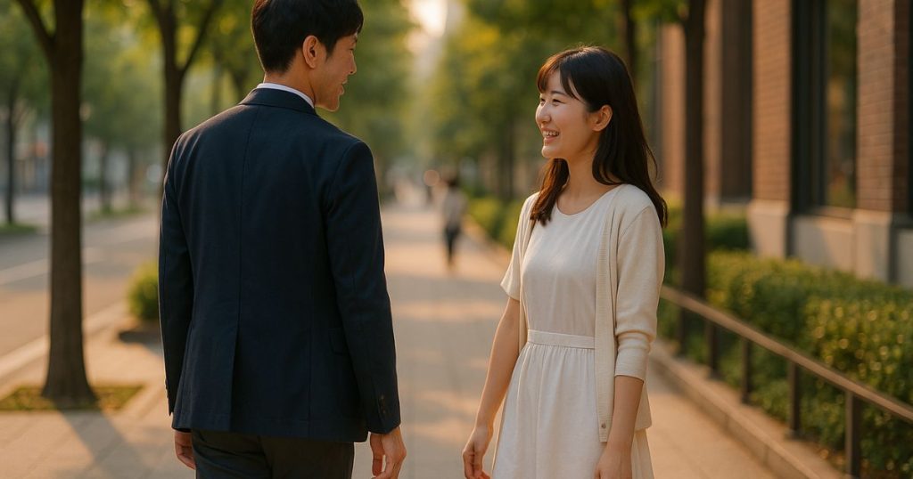 街路を並んで歩きながら目線を合わせ微笑む男女。前のめりの姿勢や自然な視線など、脈ありサインの見極めに役立つ要素を表す。
