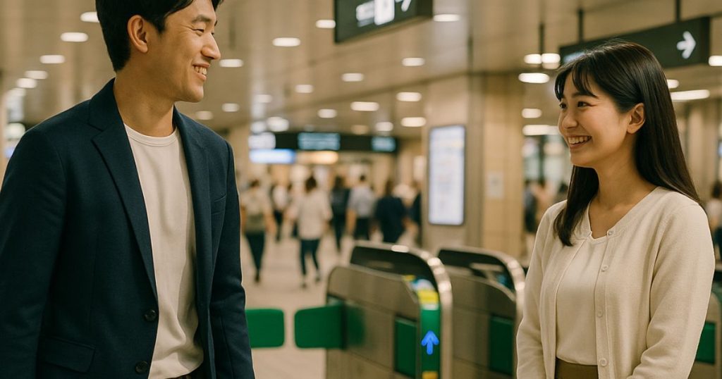 駅の改札付近で笑顔を交わす二人。人通りが多く見通しの良い場所を選ぶことで、安全で合流しやすい待ち合わせの条件を伝える。
