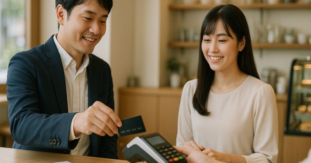 清潔なカウンターでスマホ決済を行う手元のクローズアップ。もたつかない所作で割り勘をスマートに済ませる印象を伝える。
